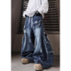 UUCSCC美式 做旧阔腿弯刀牛仔裤 复古宽松直筒拖地长裤 嘻哈潮牌工装