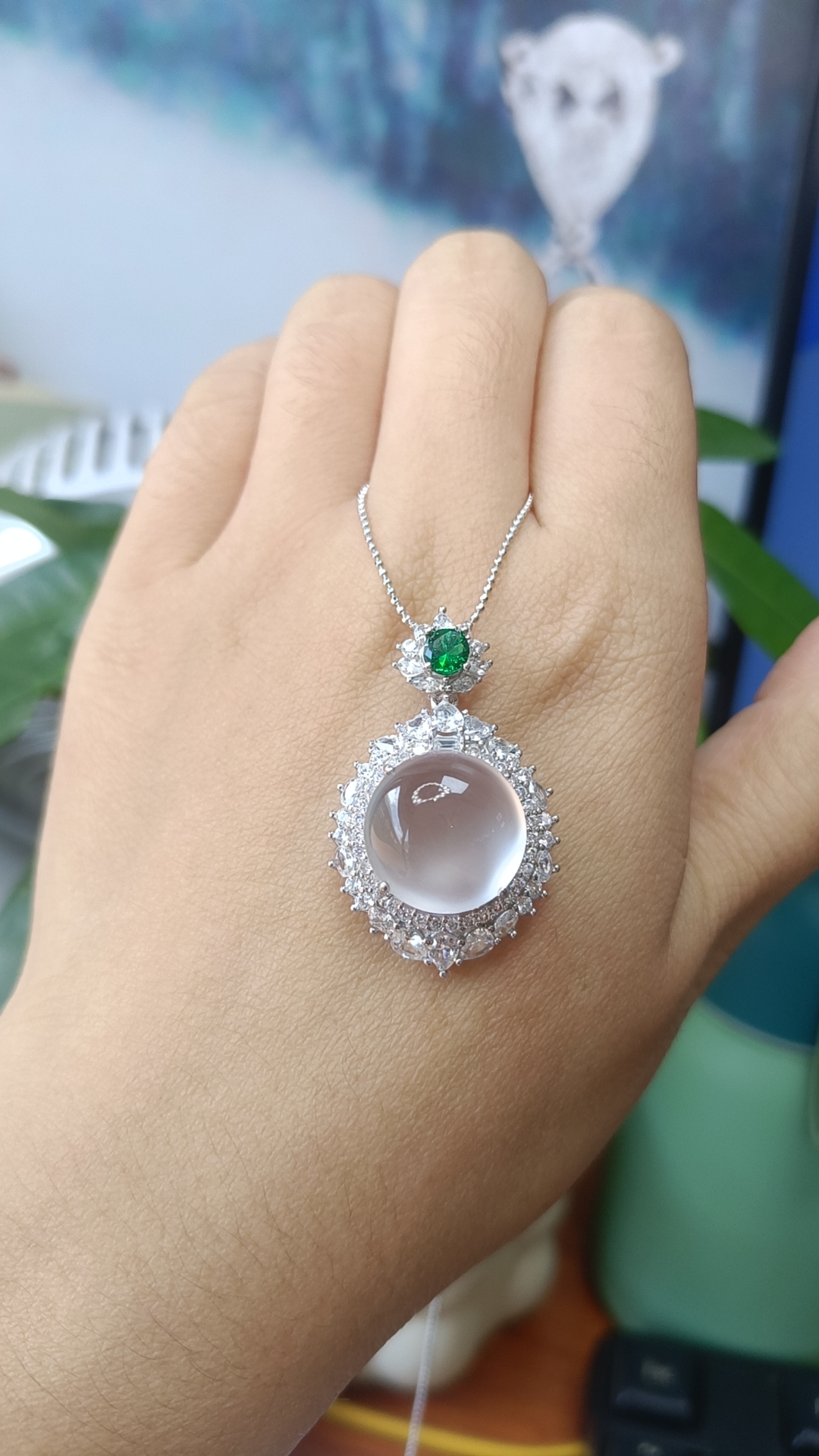 天然玉石俄国玻璃种俄冰卡15黑刚蛋面925银镶嵌吊坠