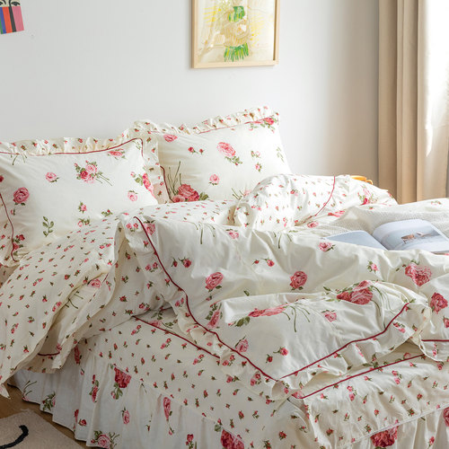 全棉纯棉床裙式四件套田园风