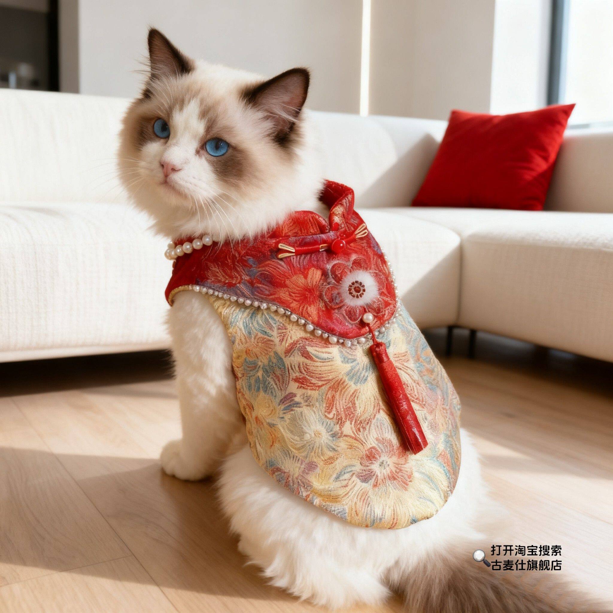 猫咪过年喜庆衣服中式马甲唐装冬季加厚保暖背心金银渐层布偶德文