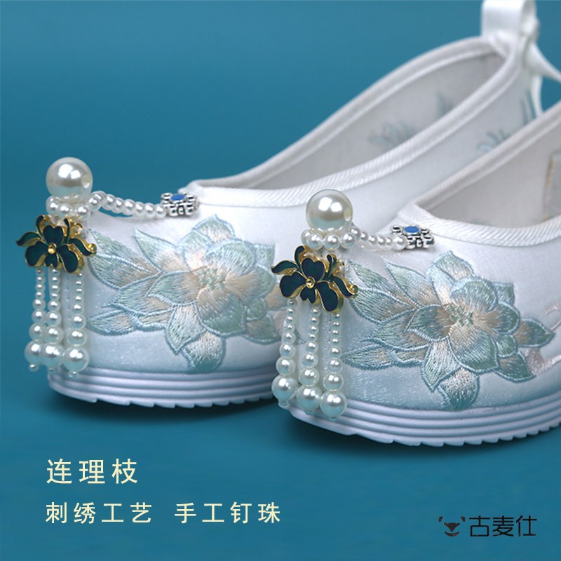 春夏原创汉服鞋子女古风搭配古装鞋内增高翘头珍珠明制绣花鞋弓鞋
