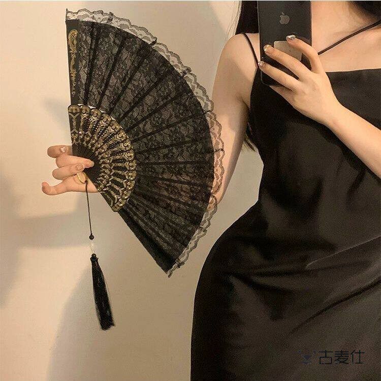 新中国风覆古中国女孩配件黑色蕾丝折扇洛丽塔旗袍黑金扇古风照片图片