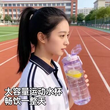 女生夏日水杯韩版2000ml大容量吸管塑料杯夏季男女学生运动水壶