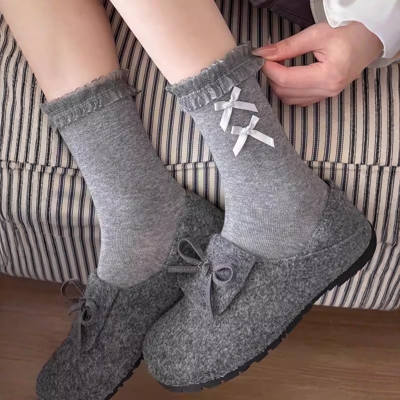 灰色堆堆袜女系蕾丝花边蝴蝶结小腿袜格雷系中筒袜搭配勃肯鞋