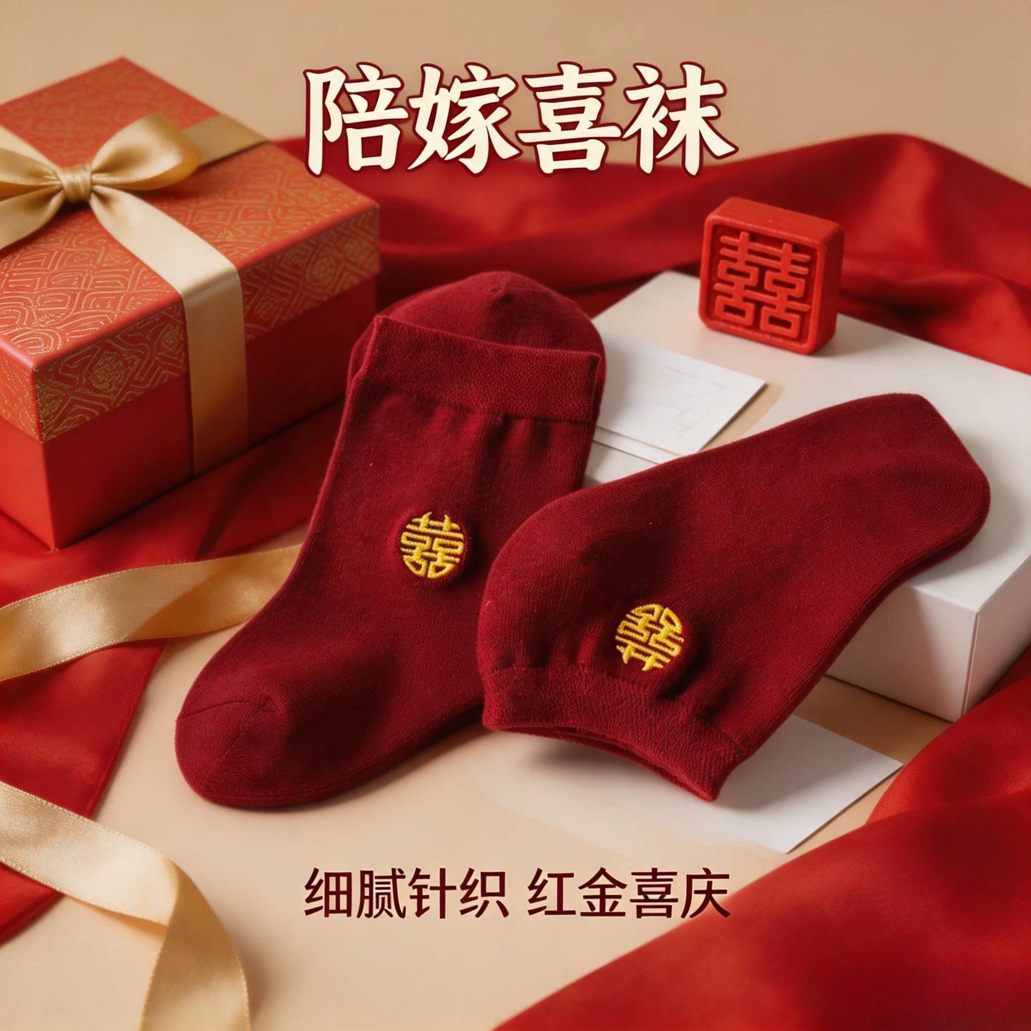 喜袜新娘高跟鞋隐形船袜红袜子红色结婚男女一对酒红情侣冰丝