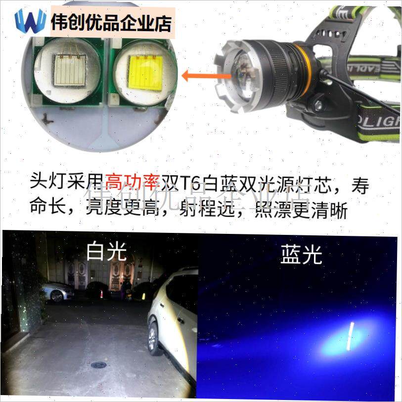 感应双T6蓝f光夜钓灯钓鱼专用头灯头戴式变焦钓鱼灯强光超亮3锂,