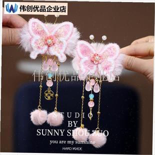 中国风可爱毛球发夹女儿s童新年粉色蝴蝶结头饰对夹发卡小女孩发,