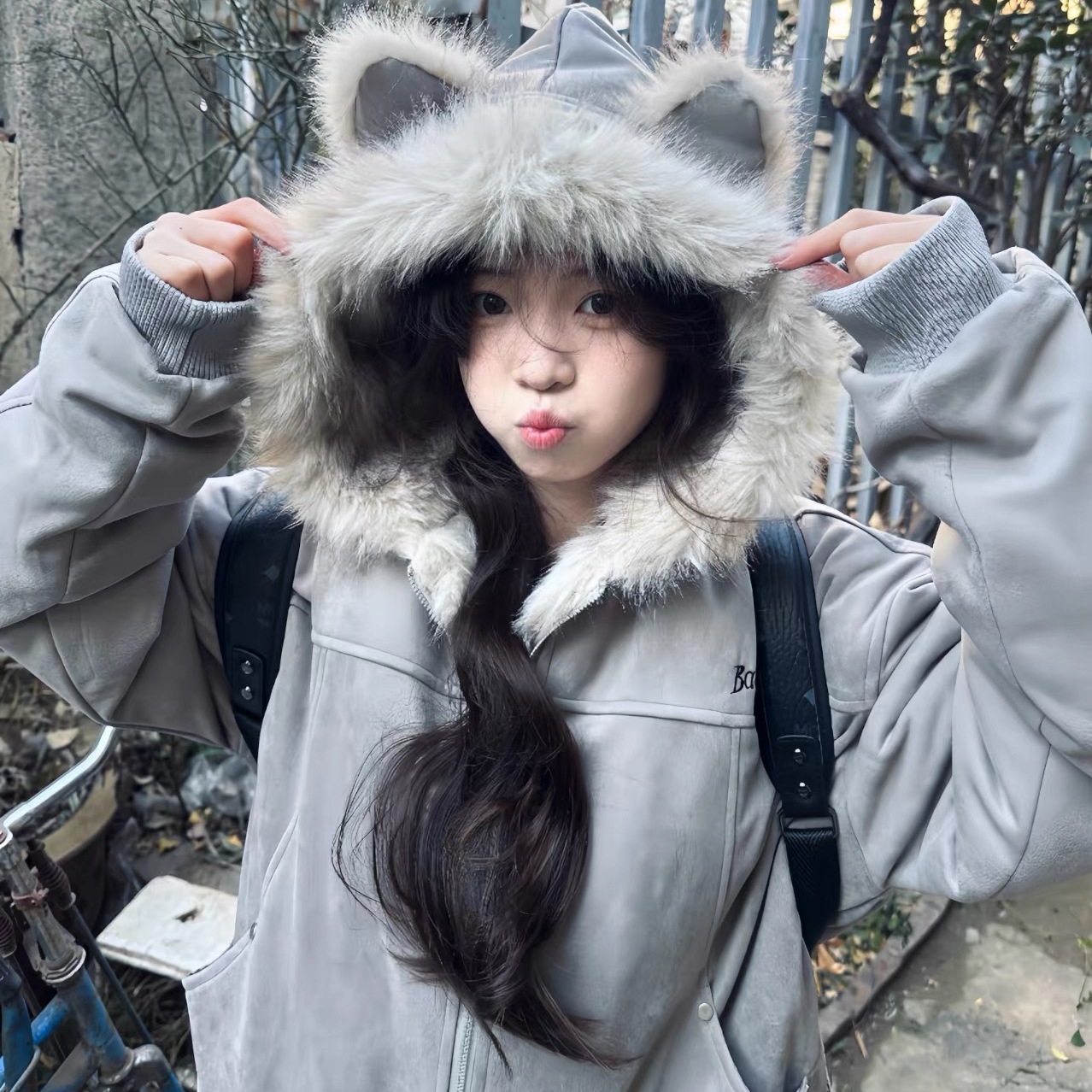 座山雕猫耳毛领连帽棉服女冬季新款美式短款麂皮毛绒加厚外套情侣