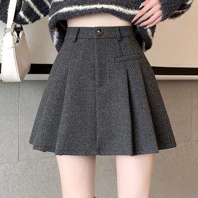 毛呢百褶裙短裙高腰半身
