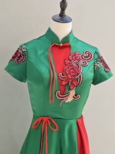 01短袖色长款旗袍礼仪服弹古筝服装酒店演出服颁奖服走秀年会艺考