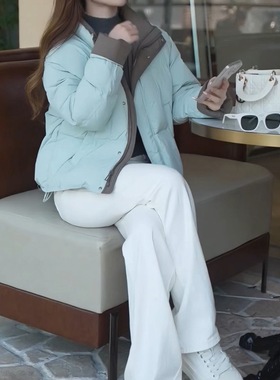 2025年新款巨好看的加厚蓝色短款洋气夹棉棉服外套女款冬季棉袄