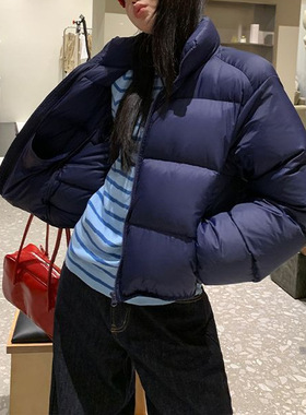 立领短款棉服女2025年冬季新款韩版设计感藏蓝色面包服外套ins潮