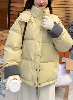 奶黄色短款棉服女冬2025新款袖口撞色设计面包服小个子爆款外套