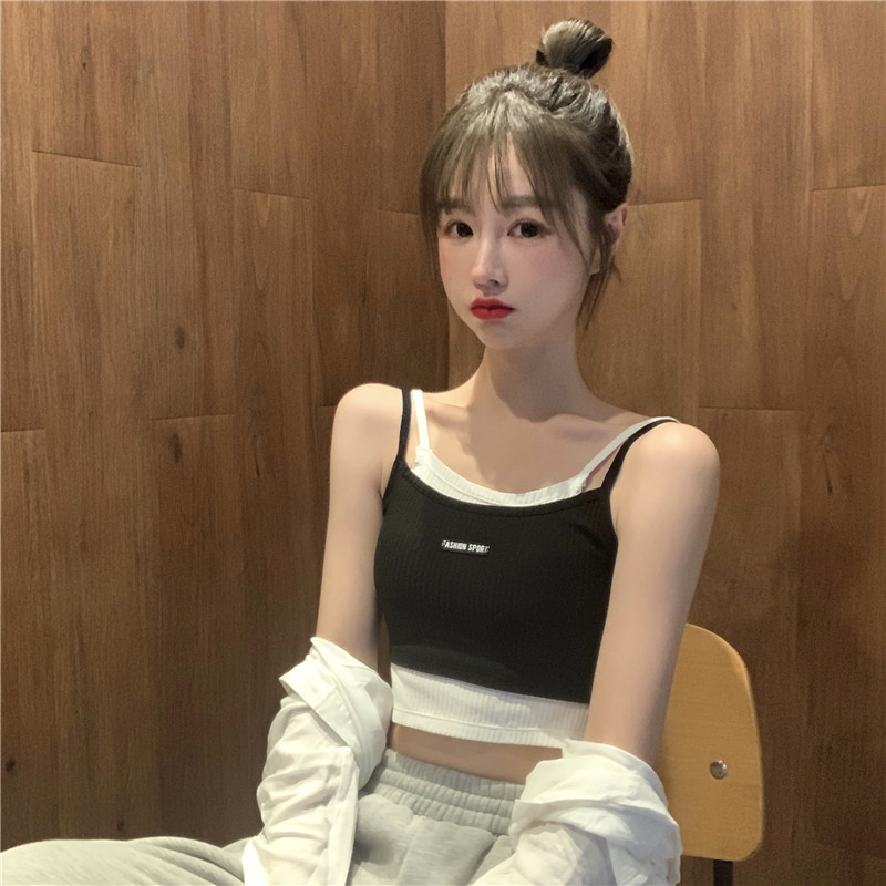 實拍實價新款吊帶背心女假兩件內搭性感修身背心無袖短款