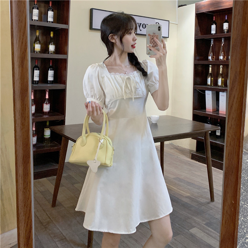 French dress with thin elastic waist and lantern sleeves