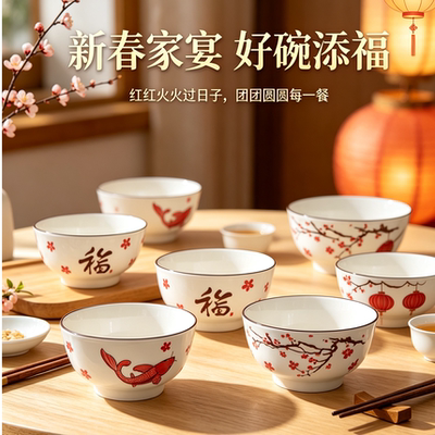 迎春福5英寸中式碗盘可进微波炉洗碗机乔迁送礼
