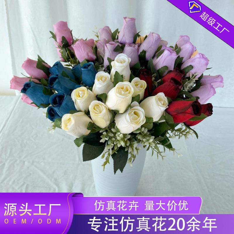 9头玫瑰蕾单支假玫瑰花家居客厅茶几装饰花绒布红玫瑰花束潘织布