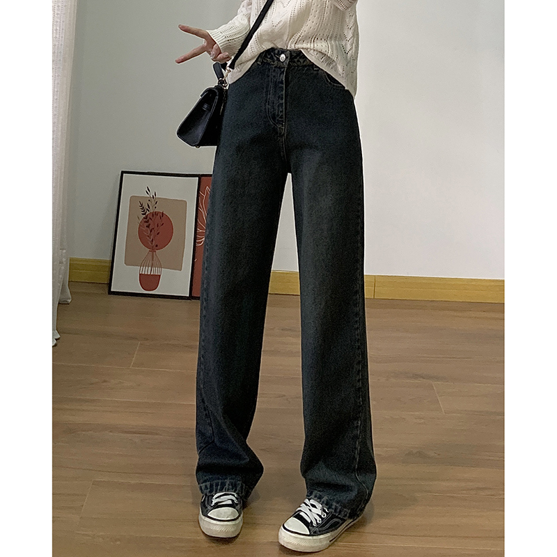 XZ11819 田原~时尚毛边直筒窄版阔腿裤高腰棉质复古牛仔长裤女秋