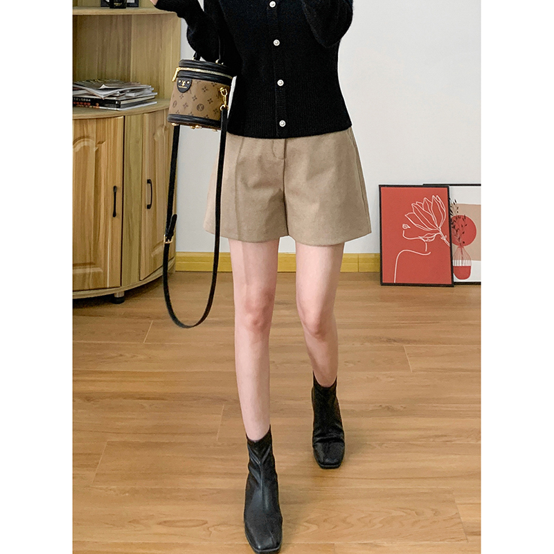 XZ07038 田原~特 品*wei单~细格纹呢料半松紧高腰阔腿短裤靴裤女