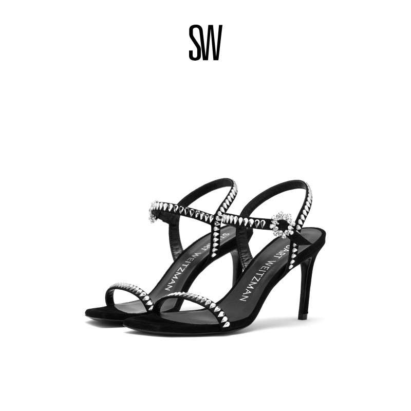 SW方头露跟水晶一字带细跟凉鞋女