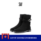 RYDER PEARL BUCKLE BELTED秋冬珍珠装 饰粗跟短靴侧拉链瘦瘦靴