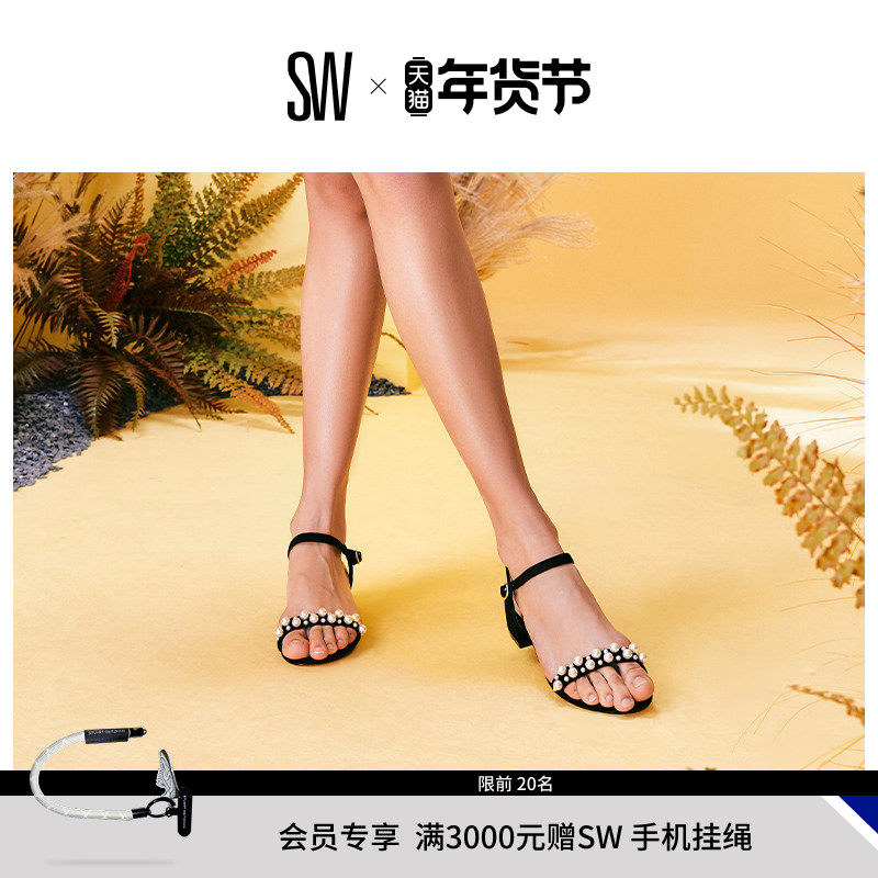 SW GOLDIE 35 BLOCK SANDAL 优雅珍珠装饰圆头一字带凉鞋,女鞋,一字带凉鞋,淘宝优惠券,粉丝福利购,淘宝优惠卷
