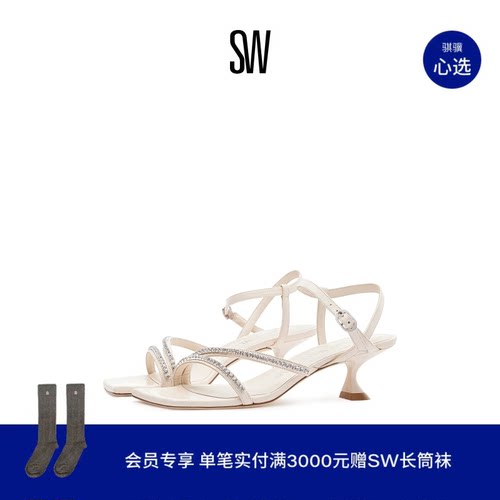 SW夏季水晶带方头雕塑跟高跟凉鞋