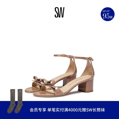 SW夏季新款蝴蝶结方跟一字带凉鞋