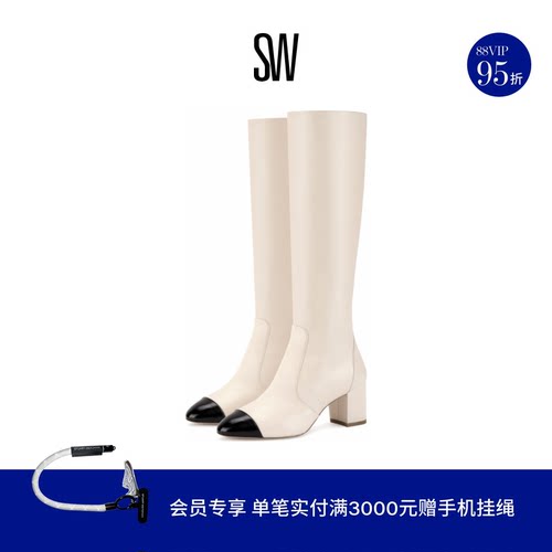 SW24早春拼接圆头粗高跟长靴