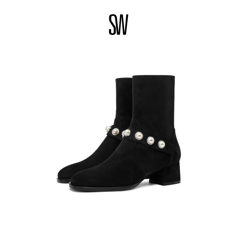 SW24早春珍珠粗跟短靴瘦瘦靴