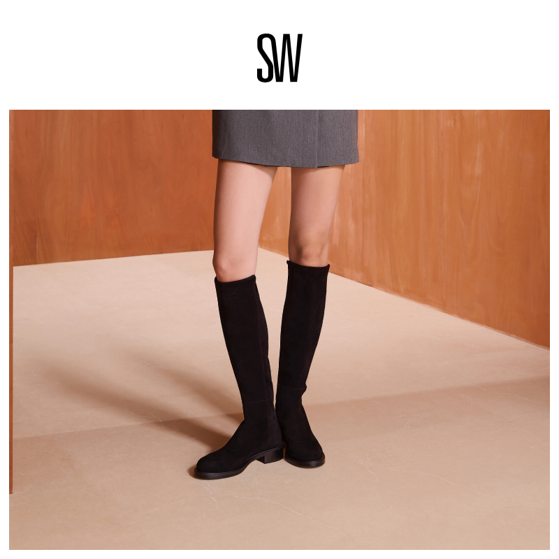 SW低跟圆头拼接长筒靴女