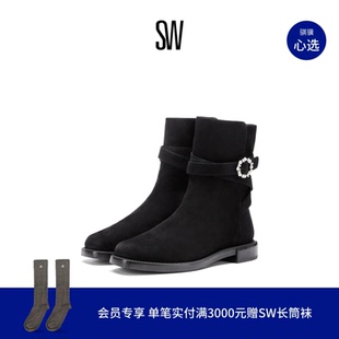 BUCKLE RYDER PEARL 饰粗跟短靴侧拉链瘦瘦靴 BELTED秋冬珍珠装