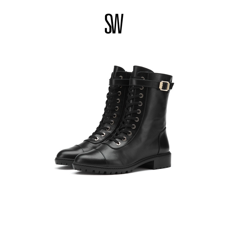 SW圆头低跟搭扣系带冬季短靴女