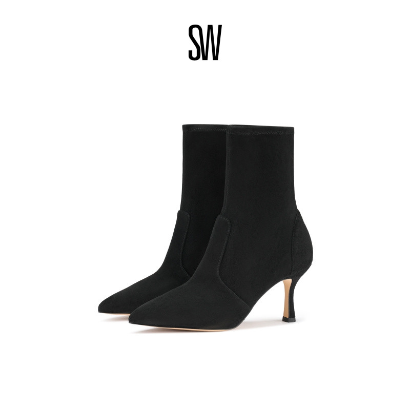 SW弹力靴尖头细高跟袜靴短靴女