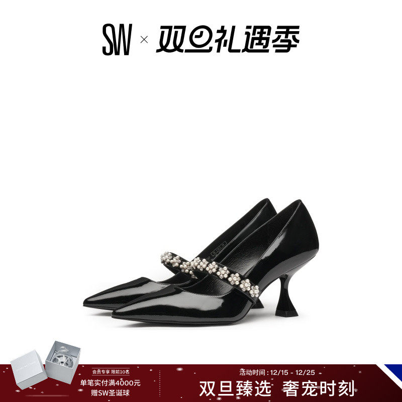 SW POPPY MARY JANE 75 春夏水晶珍珠装饰高跟鞋玛丽珍鞋女