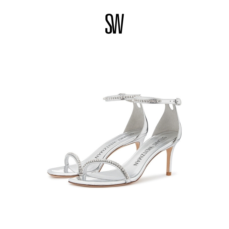SW夏季方头细高跟水晶一字带凉鞋