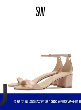 SW NUDIST BLOCK 50 优雅粗高跟圆头一字带凉鞋女