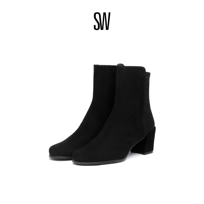 SW秋冬圆头弹力靴粗跟短靴女