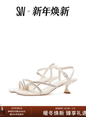 SW OASIS 50 CRYSTAL SANDAL 夏季水晶带方头雕塑跟高跟凉鞋女