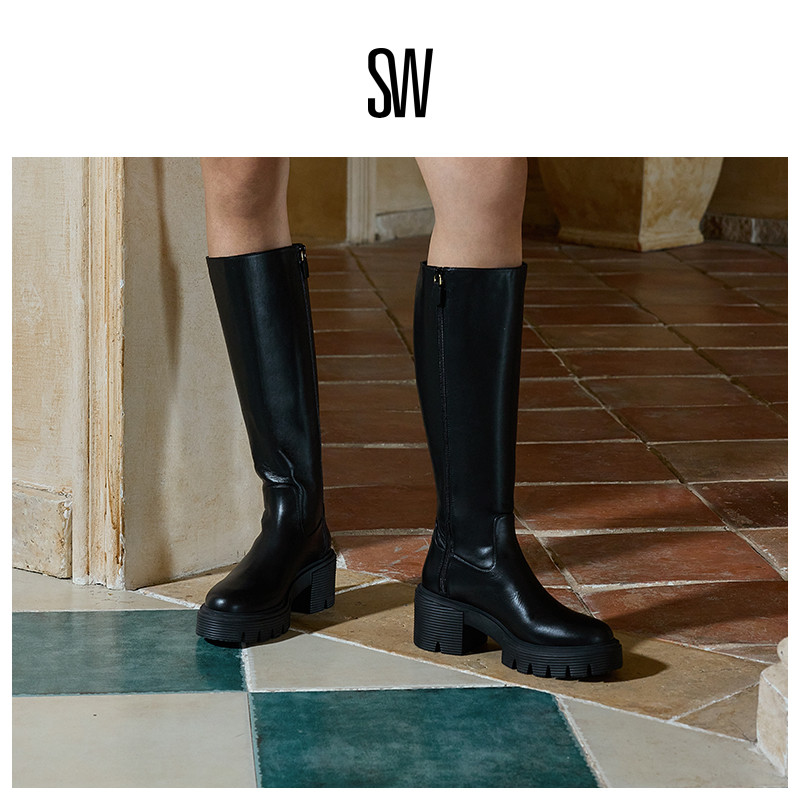 SW秋冬新款沟纹厚底圆头及膝靴