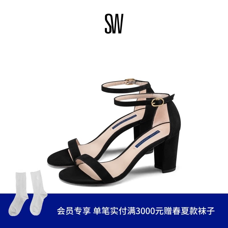 SW NEARLYNUDE 春夏经典一字扣带粗跟凉鞋女仙女风圆头高跟鞋