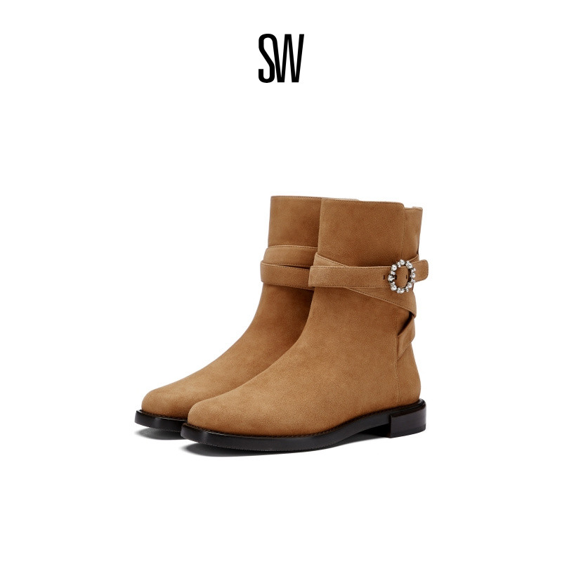 SW秋冬拼接圆头锁扣短靴女