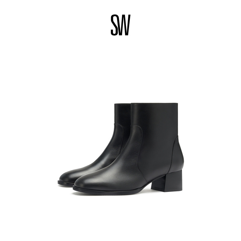 SW秋冬新款侧拉链粗高跟短靴女