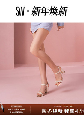SW GOLDIE 75 BLOCK SANDAL 珍珠装饰粗高跟一字带凉鞋女