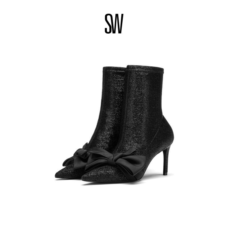 SW尖头细跟尖头蝴蝶结袜靴女