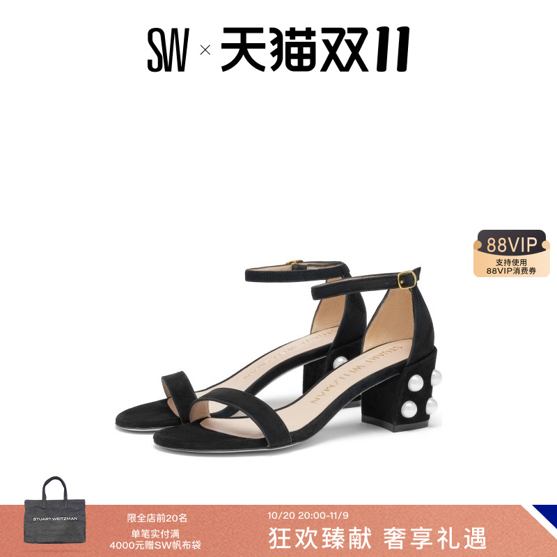 SW夏季珍珠一字带凉鞋高跟鞋