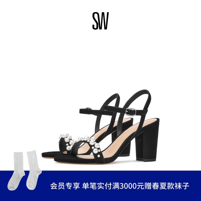 SW GOLDIE 75 BLOCK SANDAL 珍珠装饰一字带凉鞋女款2025新款