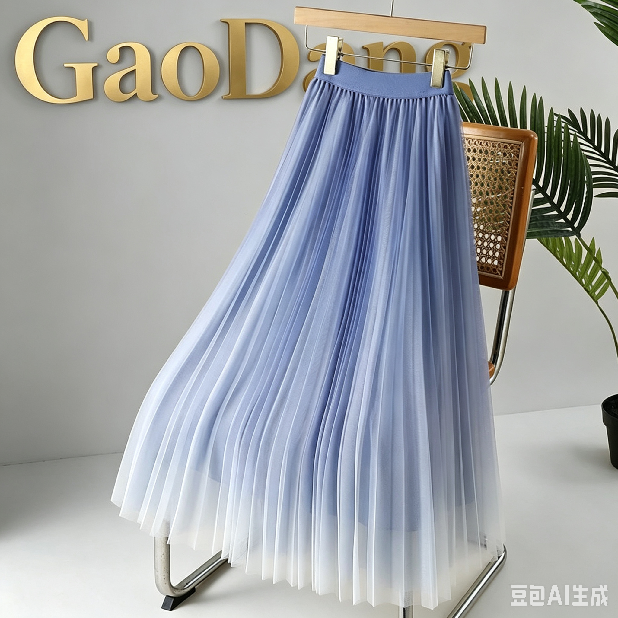 高端夏季渐变色纱裙百褶裙轻奢高级感网纱半身裙女高腰A字裙长裙
