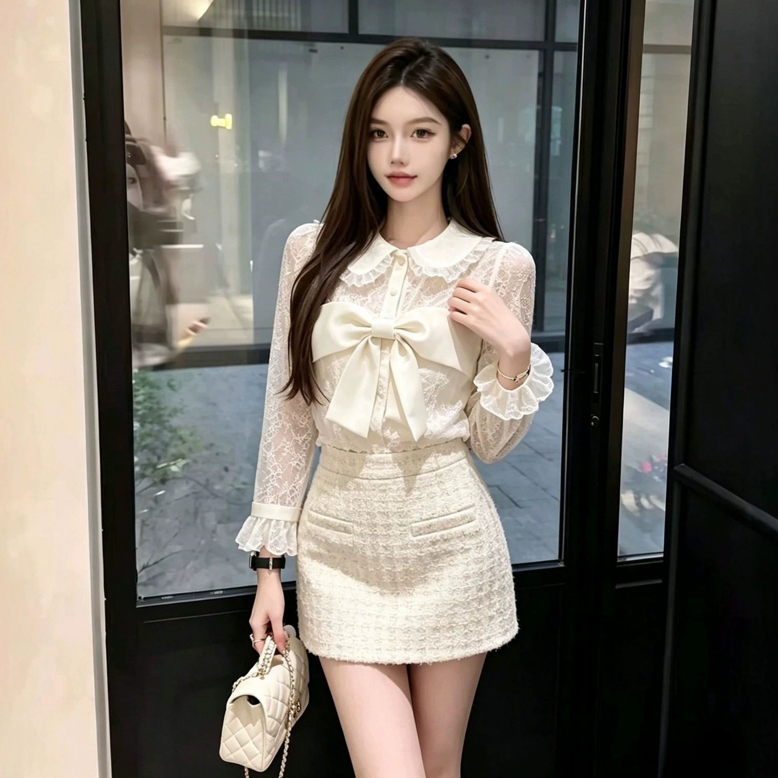 小众甜美风洋气蕾丝百搭上衣女秋休闲运动套装