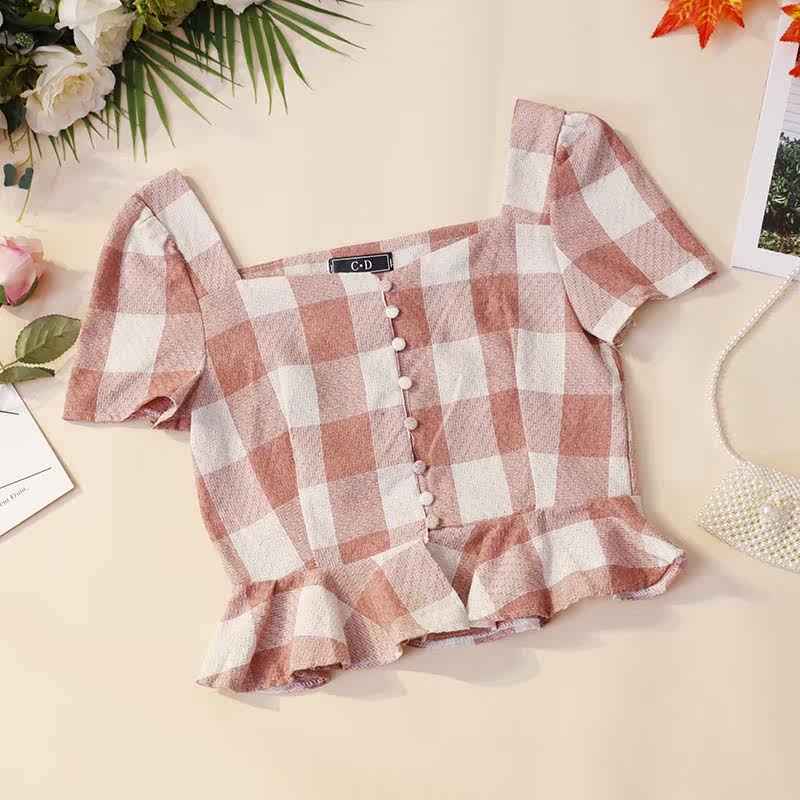 2019夏季chic修身显瘦雪纺衫短袖荷叶边复古风格子短款衬衫女韩版|ruв категории Женская одежда, рубашка - от Buy2taobao.com для оказания профессиональной услуги покупки агента Taobao